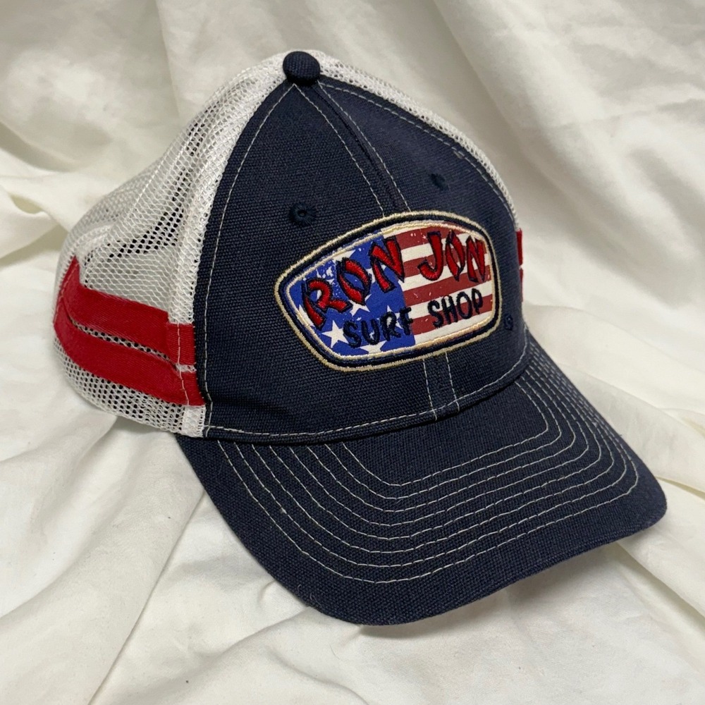 Ron Jon Surf Shop Trucker Hat Navy Blue White American Flag Mesh Snapback‎ Cap